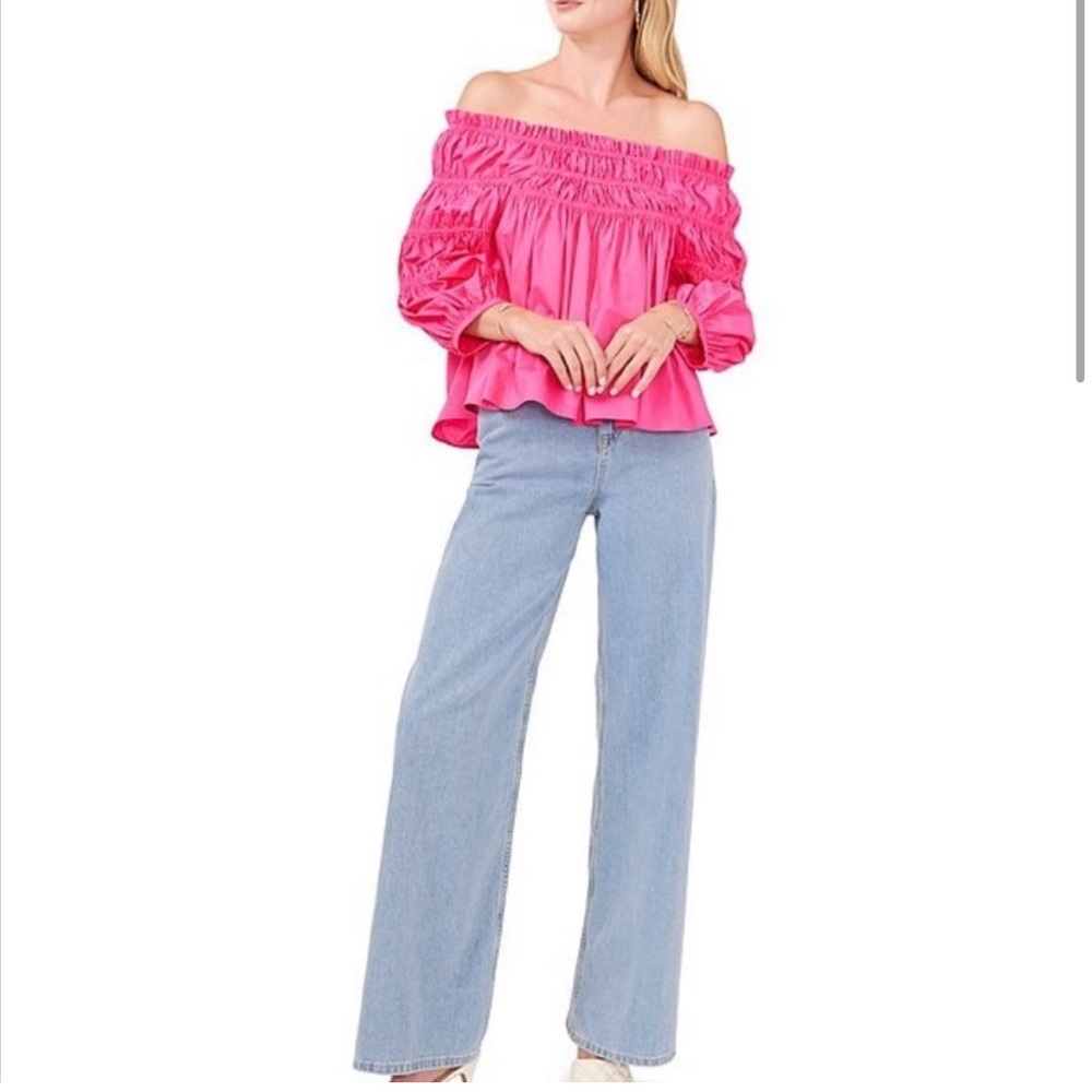 Vince Camuto Garden Romance Hot Pink Smocked Off Shoulder Poplin Blouse.